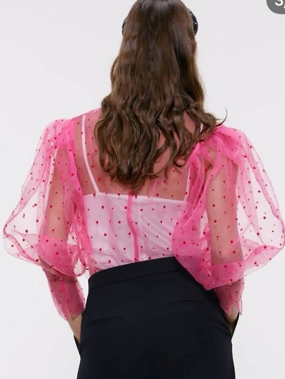 Zara Pink Sheer Polka Dot Puff Sleeve Blouse 💄👠
